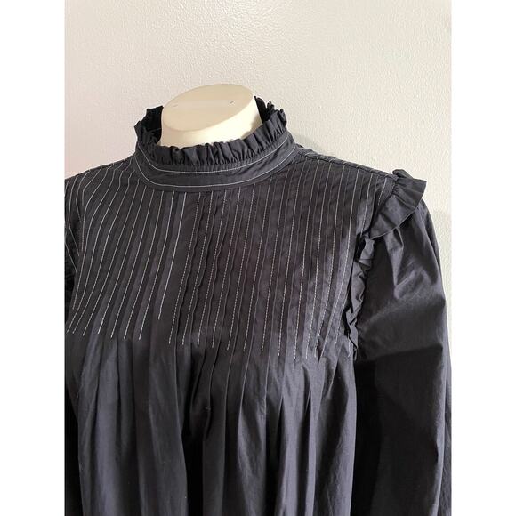 Ganni Women's Black Pintucked Cotton-Poplin Contrast Stitch Dress Size 36 Small - Picture 7 of 16